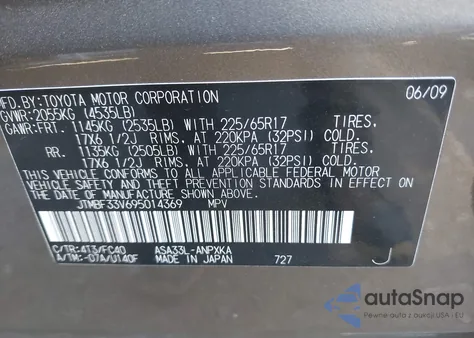 2009 Toyota Rav4 z USA, uszkodzony, nr VIN JTMBF33V695014369